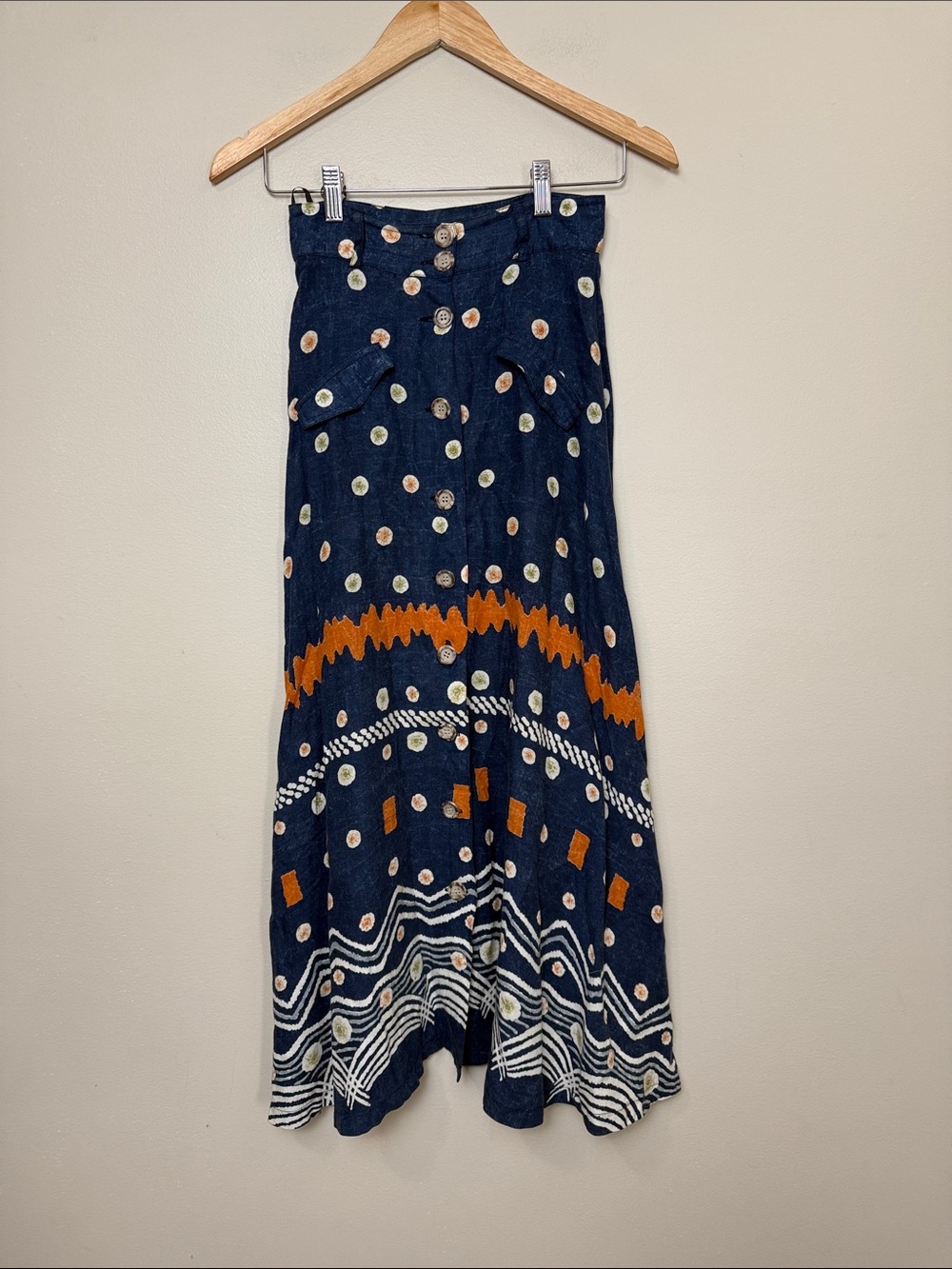 Vintage Boho Navy Polka Dot & Chevron Maxi Skirt size S